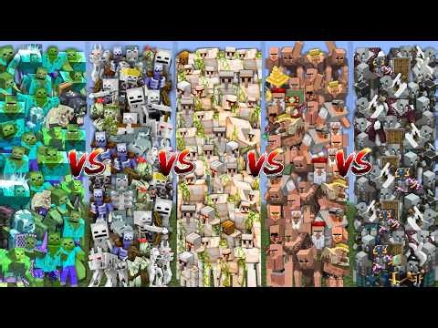 All Zombie vs All Skeleton vs All Iron Golem vs All Villager vs All Pillager in Minecraft Mob Battle