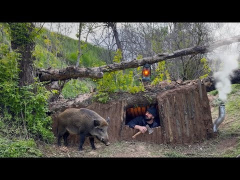Building a Warm Bushcraft Shelter Under a Fallen Tree – Extreme Survival Dugout