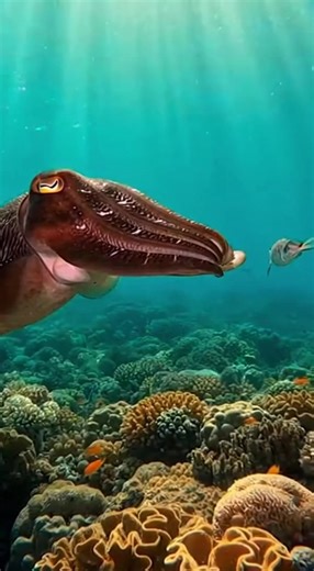 A mesmerizing Cuttlefish cruises through the colorful reef, spotting a small fish. With a lightning-fast strike of its tentacles, it snags the prey. But as it pulls the meal in, a massive Grouper emerges from the blue, casting a giant shadow. In a terrifying display of the food chain in action, the grouper inhales the cuttlefish whole—swallowing the predator and its prey in a single, massive gulp. AI-generated content | Instant Karma in Nature