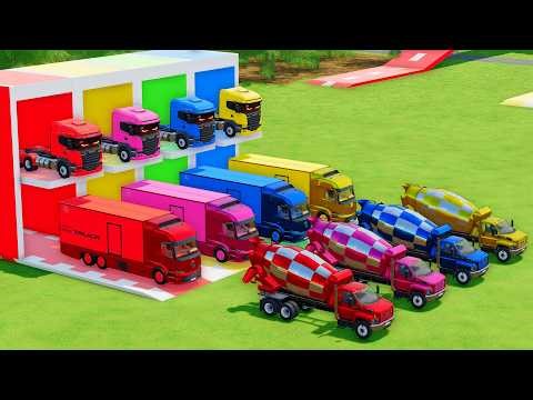 Garage with Colors - ALL MIXER TRUCK WITH DOUBLE FLATBED TRAILER TRUCK, SCANIA, MERCEDES, GMC - FS22