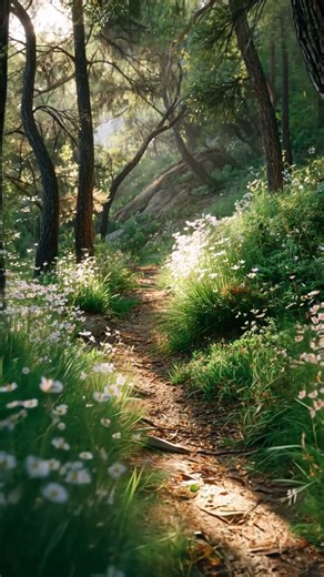 木漏れ日が揺れる癒しの小道。心が軽くなる森の散歩道 / Sunlit Forest Path | A Calming Walk Through Wildflowers