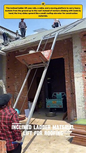 Roofing Buckets Ride Up a Ladder Lift #RoofingTools #Construction #USA