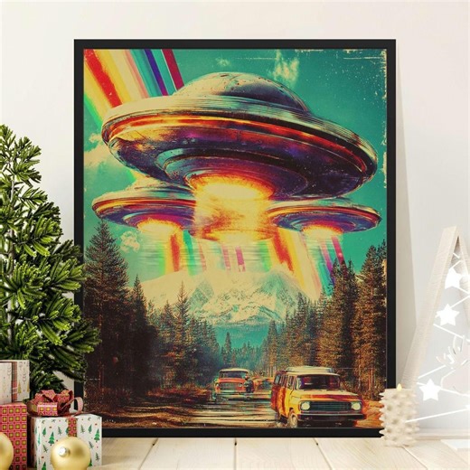Retro Sci-fi UFO Canvas Print Poster | Alien Invasion Mountain Landscape Art | Psychedelic Flying Saucer Vintage Wall Decor - Etsy