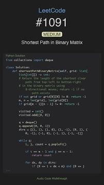 LeetCode #1091: Shortest Path in Binary Matrix (Medium) - Code Walkthrough
