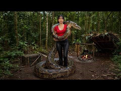 Giant Python In The Wild -- Girl Living Alone Off Grid Survival