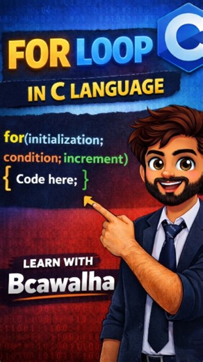 𝐂𝐨𝐝𝐞 𝐖𝐢𝐭𝐡 𝐁𝐂𝐀𝐰𝐚𝐥𝐡𝐚 on Instagram: "Basic of For Loop in C language 👨🏻‍💻 Day 06/100🎯 📚 Master the power of the *for loop* in C language! 💻🔥 One of the most essential concepts for every beginner programmer — learn how to repeat tasks efficiently with just a few lines of code. 🚀 Perfect for anyone starting their C programming journey or building logic step-by-step. 👨‍💻✨ #programming #clanguage #cprogramming #codingtutorial #codingreels #programmingreels #learnprogramming #c
