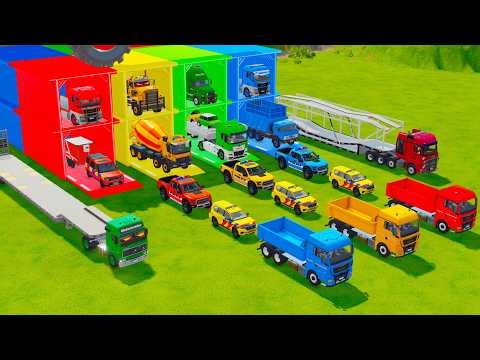 TRANSPORTING FIRE ENGINE, POLICE CARS, AMBULANCE, DUMP TRUCK TO GARAGE -FS22