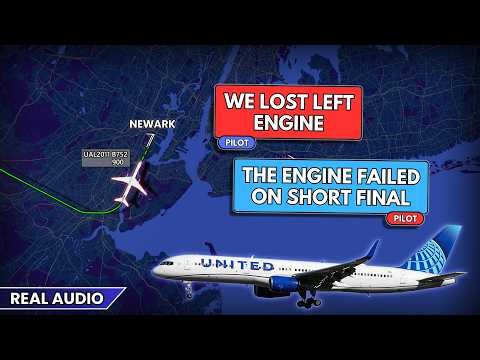 Engine failure on short final at Newark. United Boeing 757 lands single engine. Real ATC