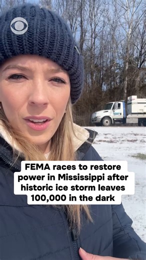 FEMA crews are working to restore power across northern Mississippi after a historic ice storm left widespread damage and more than 100,000 people without electricity for days, CBS News' Kati Weis reports. In Ripley, a generator was delivered to power a volunteer fire department, part of broader efforts to support critical facilities including water systems and long-term care centers. Downed trees and icy roads have slowed restoration, prompting the deployment of National Guard troops and a 90-p