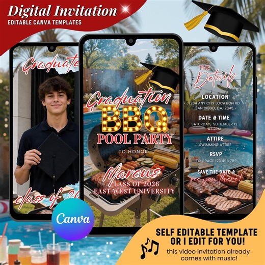 Graduation BBQ Pool Party Video Invitation, Outdoor Backyard Party Evites : Instant Download - Etsy