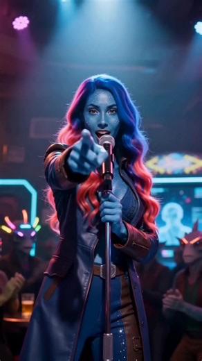 @Athena 12-Second Cinematic Prompt (Compressed for Gen Window) Format: 12s • 8K • 24fps • ultra-cinematic • anamorphic 2.39:1 • sharp film grain • high contrast neon 0:00–0:02 Exterior: dusty asteroid outpost at dusk, neon signs flicker in alien scripts, ships idle with glowing engines. Camera whip-pans through swinging saloon doors into a packed space bar. 0:02–0:05 Interior reveal: holographic jukebox, robots serving drinks, multi-species crowd. Center stage glows from beneath—Athena stands in