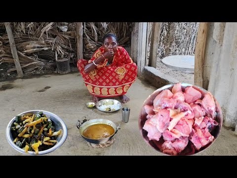 chicken meat curry And bhendi vaji cooking and eating by tribe mother||rural life India