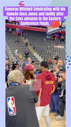 Donovan Mitchell Celebrating with his fiancée Coco Jones and family after the Cavs advance to the…