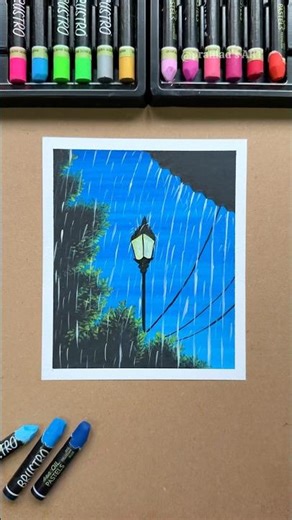 Rainy Night Street Lamp Drawing with Oil Pastels 🌧️ | Easy Landscape Art