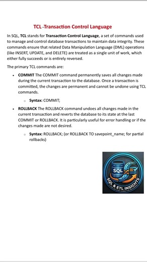 SQL Tutorials for Beginners | Types of SQL Commands (TCL)#mysql #sql #viral #etltesting #testing