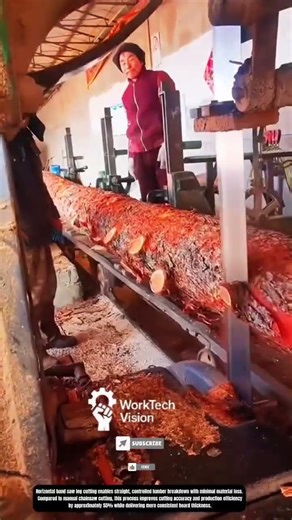 Industrial log breakdown using horizontal band saw cutting in sawmill processing