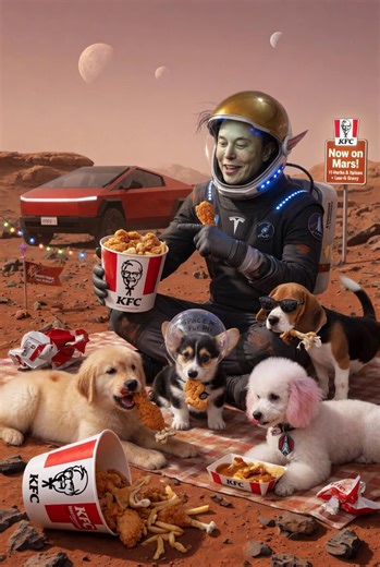 If aliens exist, why no one visits KFC?In fact, Elon Musk is the mysterious alien hiding on the earth. He has perfectly integrated into human life. He loves lovely fluffy puppies deeply, always stays with a group of cute little dogs. Elon and his sweet puppies all fancy the delicious crispy KFC fried chicken. They enjoy tasty chicken together happily every day. Everyone is looking forward to KFC opening branches on Mars soon. Let Elon and his lovely puppies taste classic KFC food on the red plan
