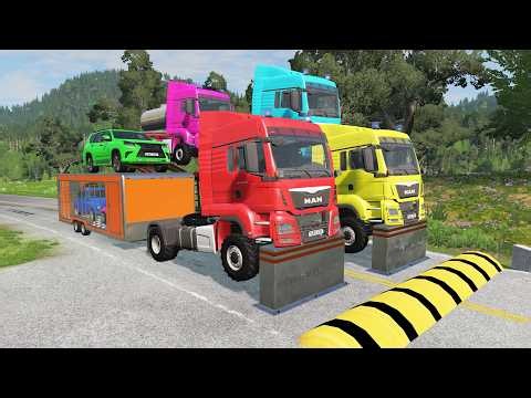 Double Flatbed Trailer Truck vs speed bumps|Busses vs speed bumps|Beamng Drive|1430