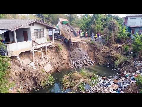 Heavy Machinery at Work! Bulldozer Pushing Massive Amounts of Soil & Debris Clearing into Pond water