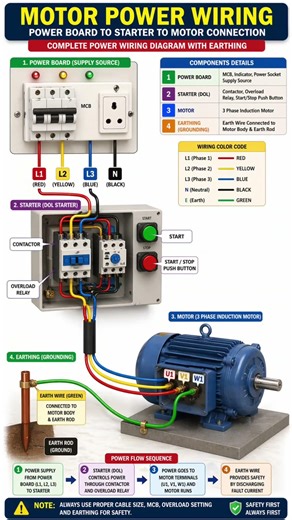 3 Phase Motor Power Wiring Diagram with DOL Starter & Earthing (Complete Guide) #usa #shorts