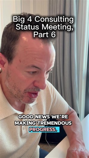 🚨 Big 4 Consultant - Episode 6 🚨 Project status: ✅ More dashboards. ✅ More KPIs. ✅ More meetings. ✅ Better executive visibility. Actual business results? ...We'll get to those later. 😂 If you've ever worked on an ERP implementation or digital transformation, you know exactly how this goes. The project looks healthier every week... But somehow nothing has actually changed. What's the funniest or most ridiculous project update you've ever heard? Drop it in the comments. 👇 #Big4 #Consulting #Co