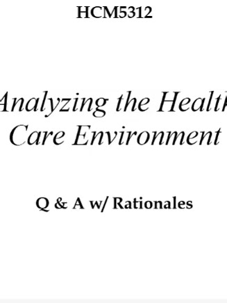 HCM5312 Analyzing the Health Care Environment Q & A w/ Rationales 2026 (Complete And Verified Study material) (20pages) LEARNEXAMS A nurse is conducting a SWOT analysis of a health care organization. The nurse identifies that the organization has a strong reputation, a loyal customer base, and a skilled workforce. These are examples of: a) Strengths* b) Weaknesses c) Opportunities d) Threats Rationale: Strengths are the positive attributes of an organization that give it a competitive advantage.