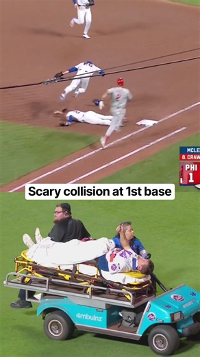 Mets 1B Jared Young was carted off after this collision 🙏