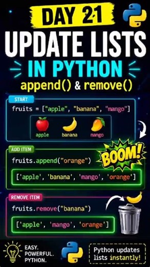 📄 Day 21 Learning Python– Updating Lists with append() and remove()#python #learnpython #pythonshort