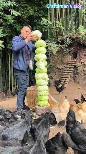 Feeding Chickens with "Cabbage Tower": an interesting feeding trick in Bamboo Free-Range Farm