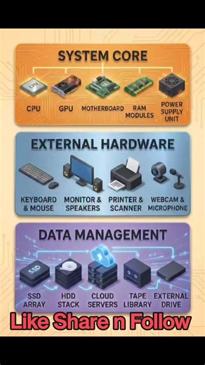 Computer Hardware Explained – From Core to Cloud 💻⚙️ Ever wondered what actually makes a computer work? 🤔 This reel breaks it down in the simplest way possible 👇 🔹 System Core – CPU, GPU, Motherboard, RAM & Power Supply 👉 The brain heart of your computer 🔹 External Hardware -Keyboard, Mouse, Monitor, Printer, Webcam 👉 How humans interact with machines 🔹 Data Management – SSD, HDD, Cloud, Tape & External Drives 👉 Where your data lives, moves & stays safe 📌 If you truly understand hardwa