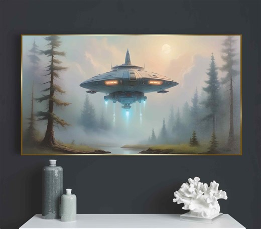 UFO Spaceship Canvas Print | Sci-fi Art Alien in Pine Forest Canvas Home Decor - Etsy