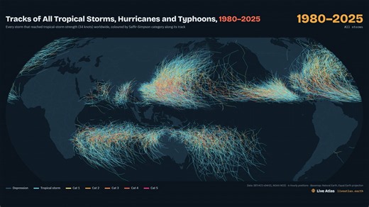 Every Tropical Storm, Hurricane and Typhoon Track From 1980 to 2025