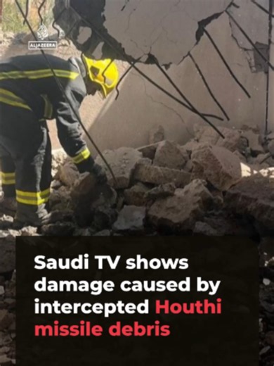Saudi state TV shows damage to buildings and vehicles caused by debris from intercepted Houthi missiles falling in the Saudi city of Khamis Mushait. Afterwards, the Saudi-led coalition struck Yemen’s capital, Sanaa, reportedly destroying ballistic missile launchers.