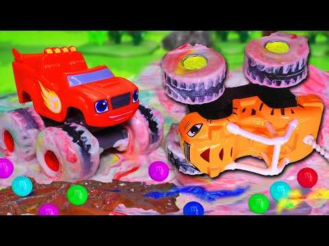 Blaze Monster Machines Paint Experiment! Color Mixing, Dinosaur Attack & Car Wash Adventure! 🚗🎨🦖