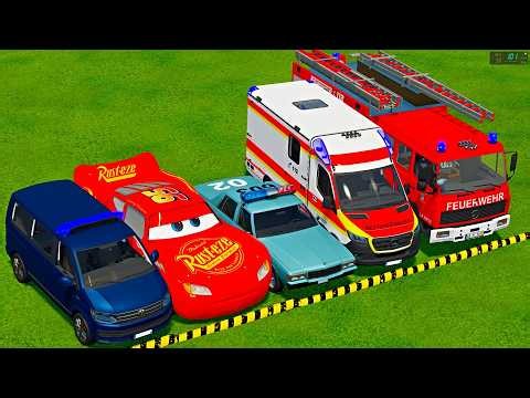 VOLKSWAGEN, MCQUEEN, FORD POLICE CARS & MERCEDES FIRE TRUCK VEHICLES TRANSPORTING ! FS22