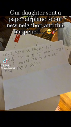 🚨 Taylor Swift sent a letter and SIGNED guitars to an 8-year-old girl and her neighbor after she saw a video of the kid sending paper airplane to her neighbor, requesting that he play Taylor Swift song!—The neighbor (Hayes) confirms that out of nowhere, he got a message from Swift's camp on TikTok.“They're like, 'Hey, Taylor saw your video. We want to send you something. Don't tell anyone until it gets there,' I was expecting maybe a signed poster or something. And then she sent us guitars, whi