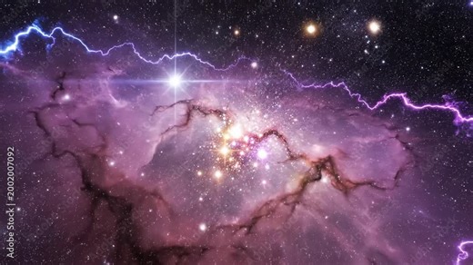 Dramatic cosmic explosion with purple nebula and electric lightning bolts in deep space.