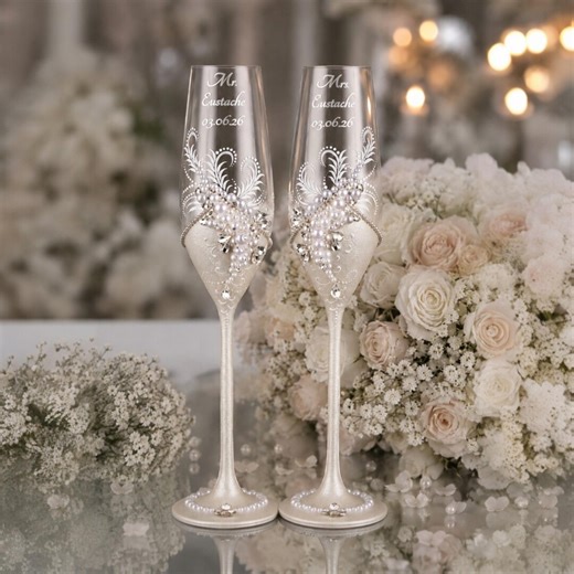 Pearl Wedding Flutes Gift Box With Cake Plate and Server, Mr Mrs Champagne Glasses Set - Etsy
