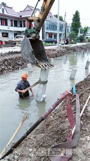 Excavator lifts concrete pile in river