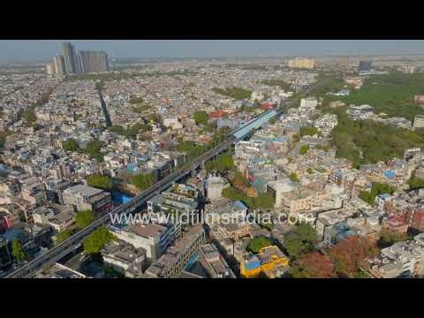New Delhi City View | Dense Residential Area with Metro Track & Skyscrapers