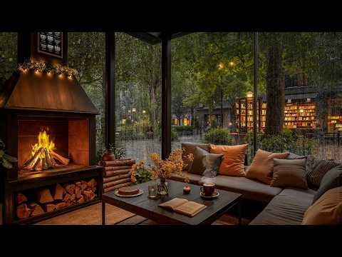 Warm Spring Rainy Night Café Ambience 🌧️ Relaxing Jazz Music & Fireplace Sounds for Focus, Study