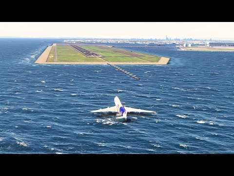 Teriffying Landing 747 Touching the sea water at Haneda Airport