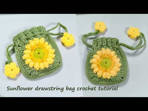 Crochet Sunflower Drawstring Bag 🌻 Beginner Friendly. Cute Gift Idea Pouch Tutorial