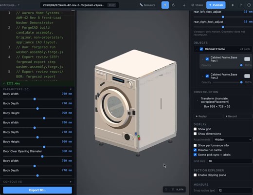 Detailed breakdown of a GPT-5.5-Pro complex CAD-as-code experiment.> a modern automatic washing machine like from LG