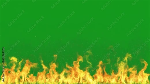 Dynamic realistic fire flames on green screen background, continuous burn with glowing embers and small particles, symbolizing energy, warmth, and intensity for visual