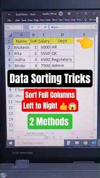 😱 Data Sorting Tricks | Sort Full Columns Left to Right | Excel Data Sorting Hacks | #excel #msexcel