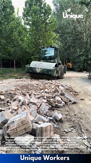 Powerful Road Roller Crushes Bricks and Debris During Road Construction