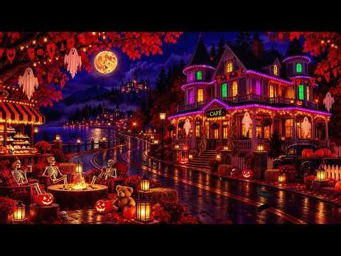 A Quiet Halloween Street by a Haunted Lakeside Coffeehouse 🎃 Spooky Fall Jazz, Fire Sounds & Pumpkin
