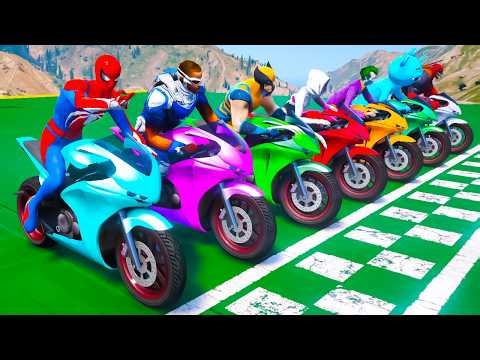 SPIDERMAN vs SUPERHEROES TEAM MOTORCYCLES RACING CHALLENGE on GRAND CANYON STUNTS MEGA RAMP - GTA 5