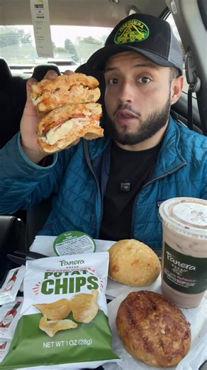 JEBUS on Instagram: "Trying PANERA BREAD For The First Time | Frontega Chicken Sandwich & Bagel | #foodreview #foodreels #panera #panerabread #panerabagels"